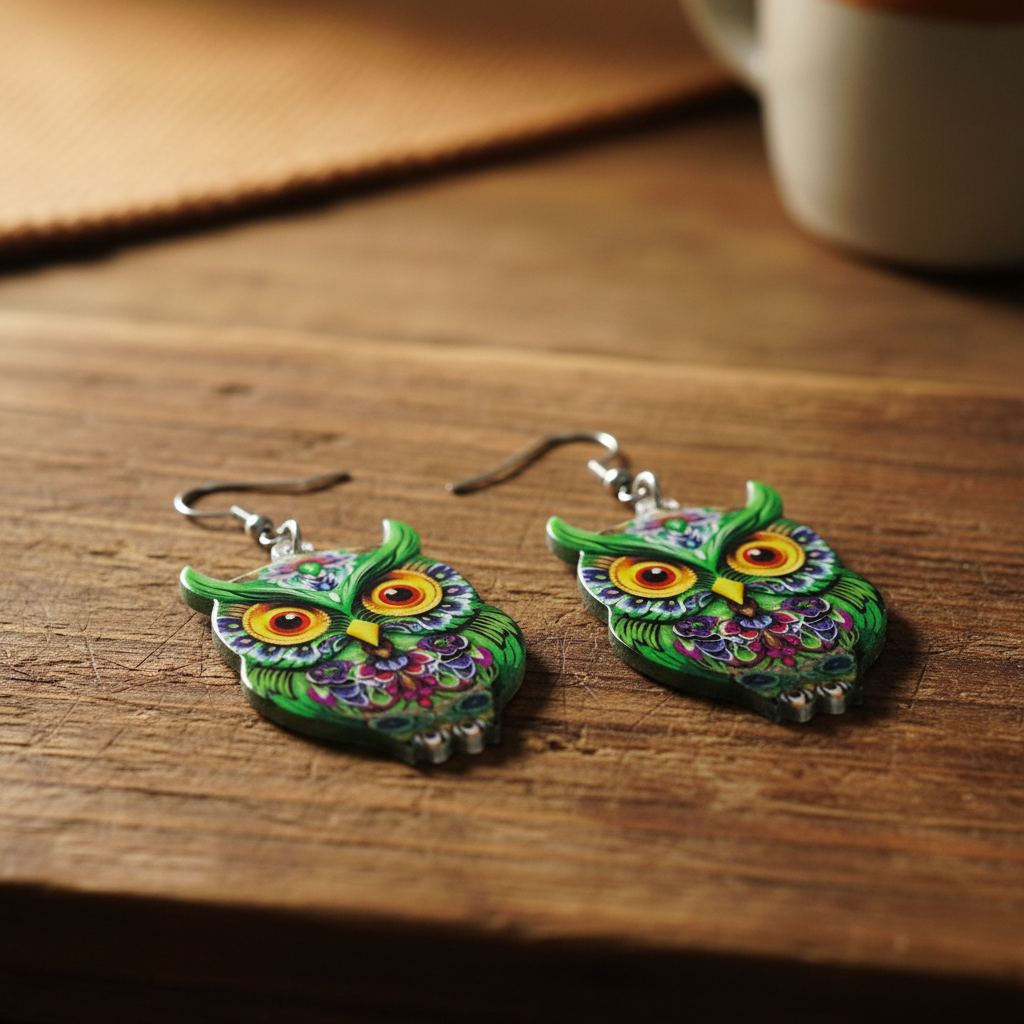 Green Owl Earrings Rustic