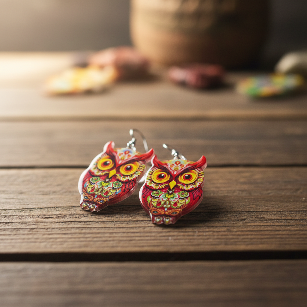 Red owl dangle earrings on rustic wooden surface